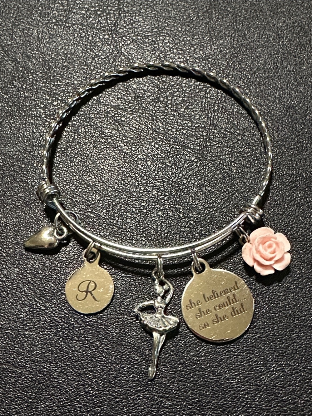 Inspirational Ballerina Silver Expandable Charm Bangle – Initial R